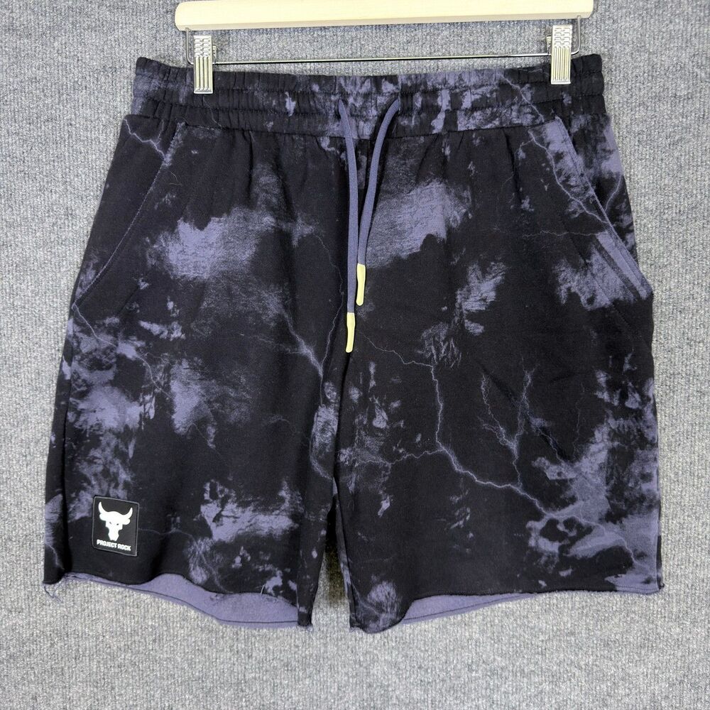 Project Rock Under Armour Mens Shorts Large Black Gray Tie Dye Raw Hem Cut Off